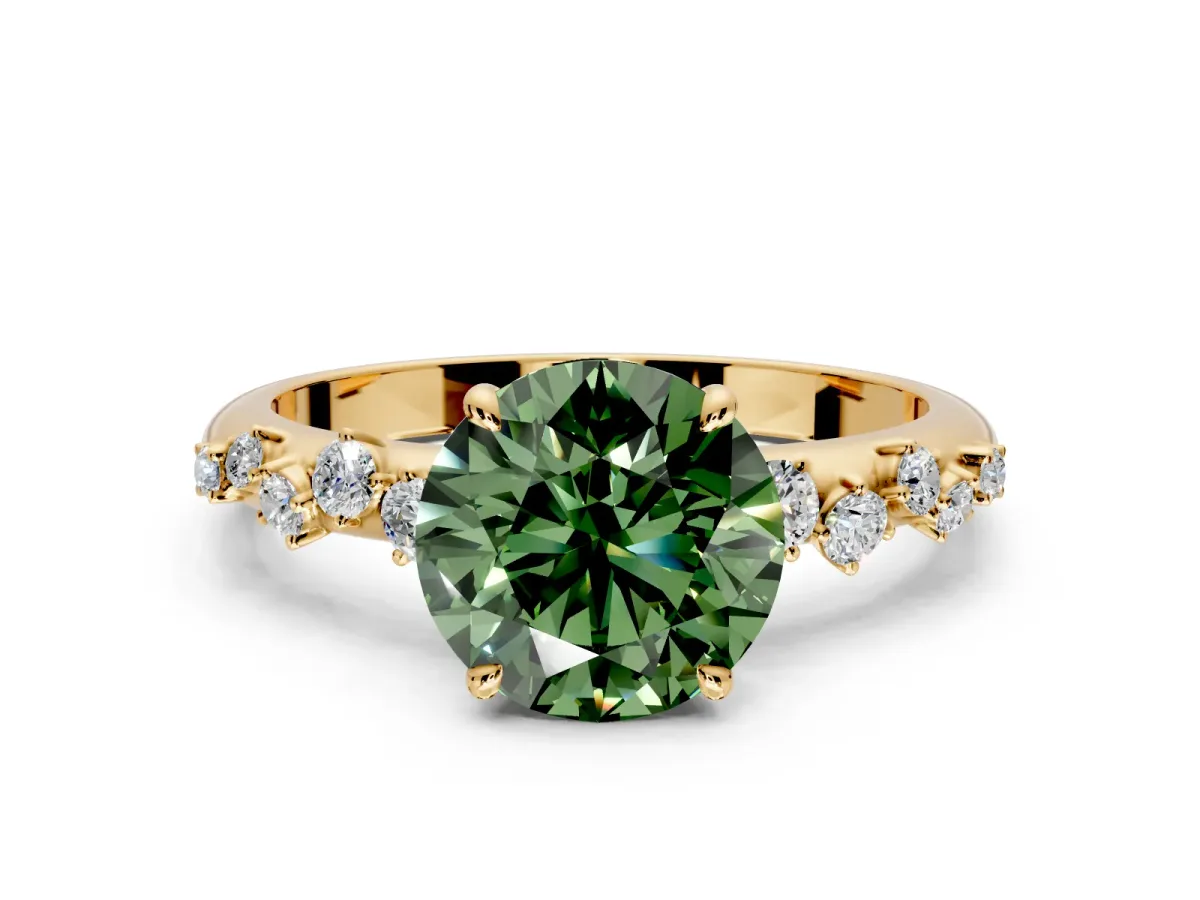 Cluster Engagement Ring Setting for Fancy Green Round Cut Center with Round Cut Accent Band and Prong Head in Yellow Gold