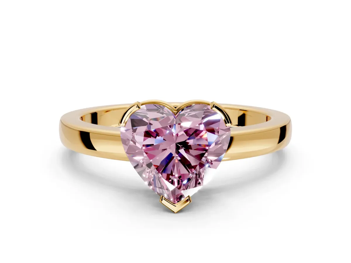 Solitaire Engagement Ring Setting for Fancy Pink Heart-Shaped Center with Plain Band and Flat Tab Prong Head in Yellow Gold