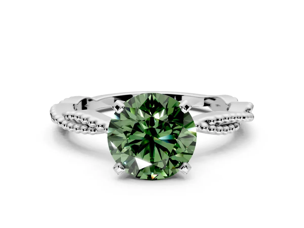 Solitaire Engagement Ring Setting for Fancy Green Round Cut Center with Twist Band and Bead Prong Head in Platinum
