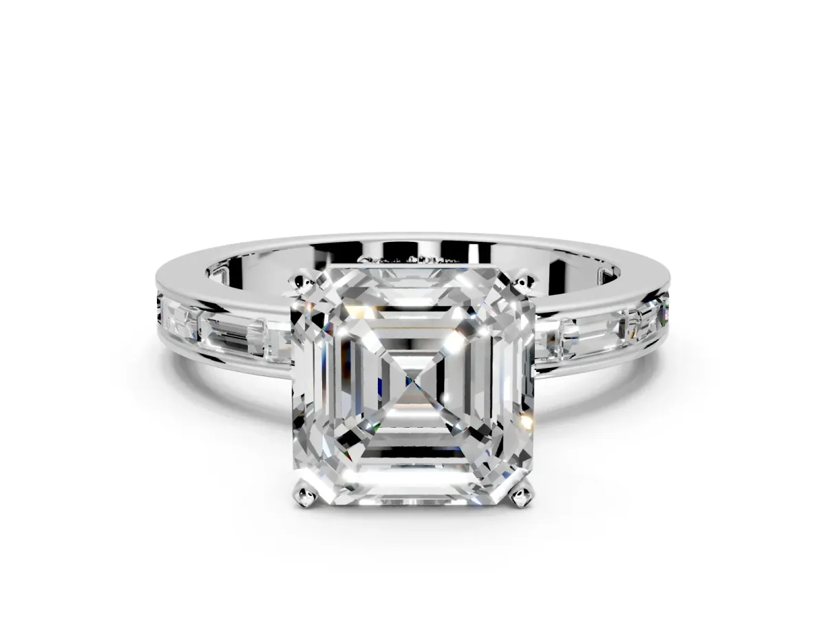 Solitaire Engagement Ring Setting for Asscher Cut Center with Channel Baguette Band and Prong Head in Platinum
