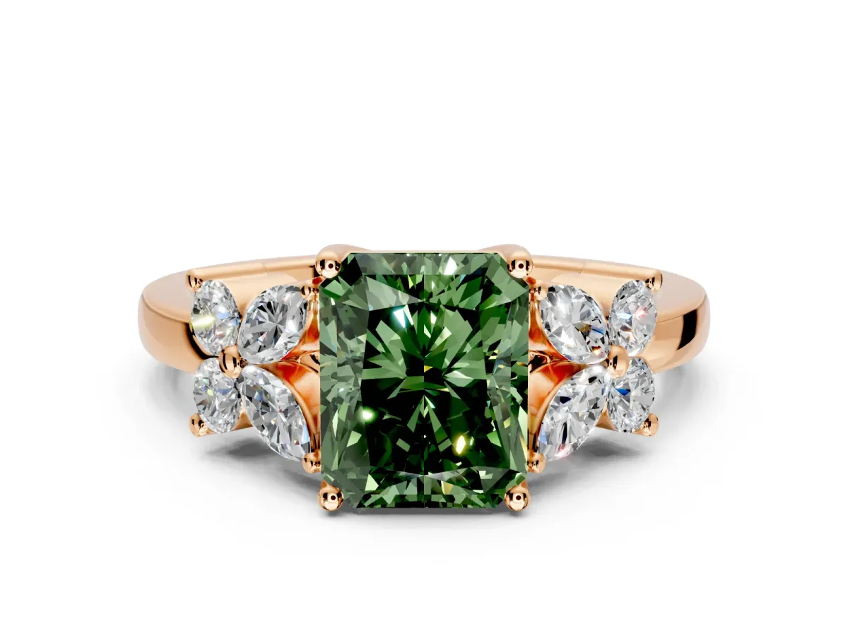 Floral Engagement Ring Setting for Fancy Green Radiant Cut Center with Marquise Cluster Shoulders and Prong Head in Rose Gold