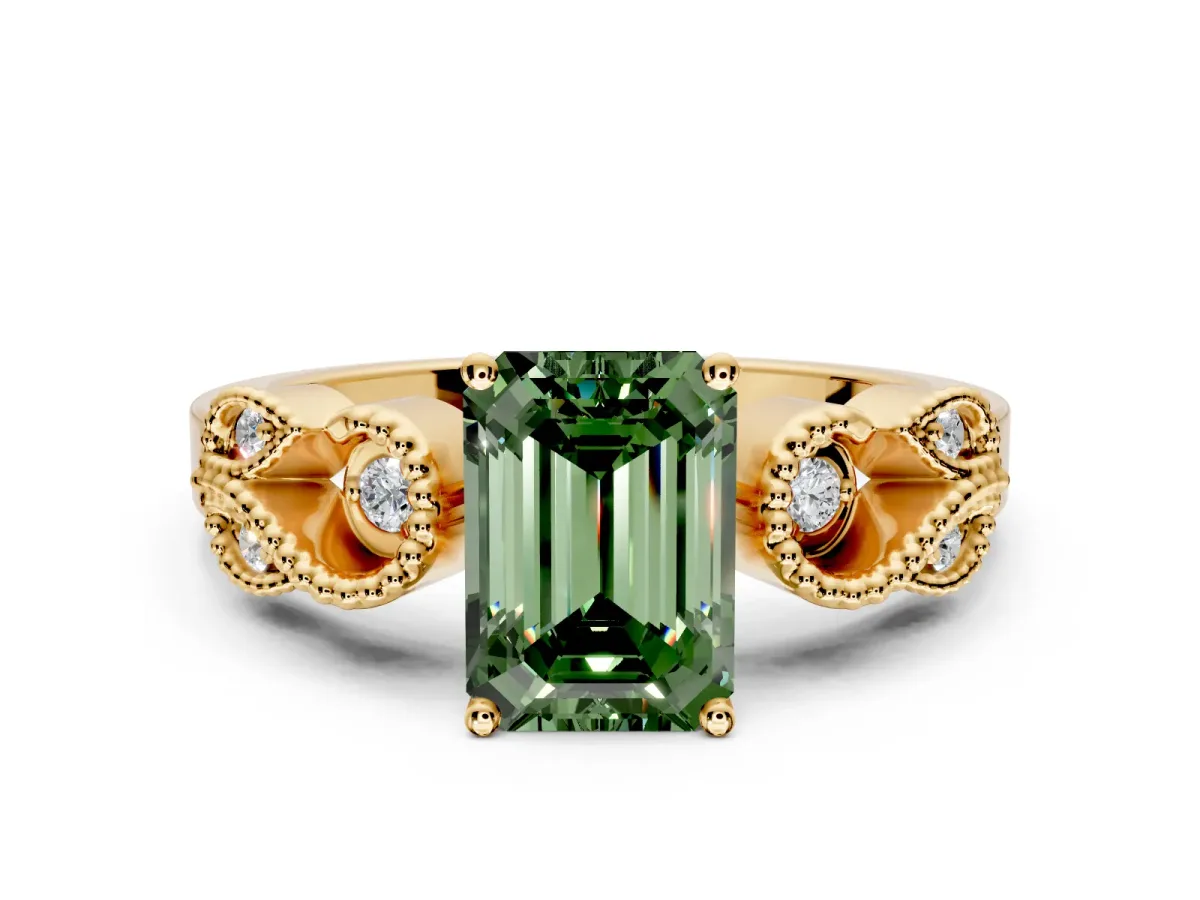 Leaf Engagement Ring Setting for Fancy Green Emerald Cut Center with Milgrain Accent Band and Prong Head in Yellow Gold