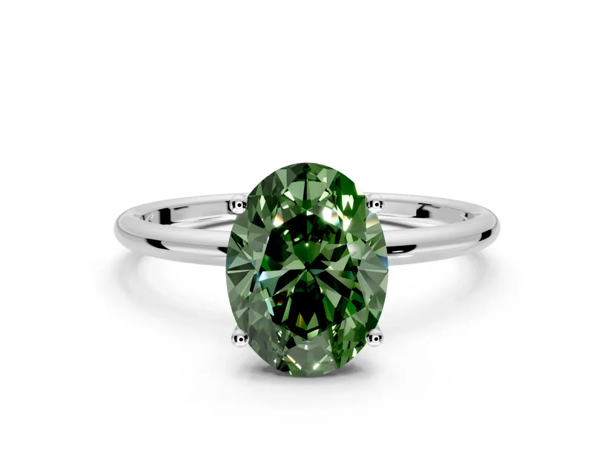Solitaire Engagement Ring Setting for Fancy Green Oval Center with Straight Thin Band and Prong Head in White Gold