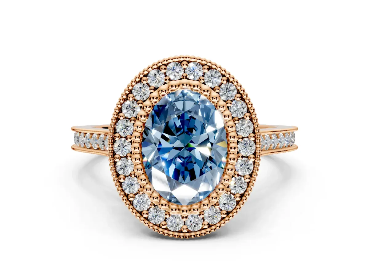 Halo Engagement Ring Setting for Fancy Blue Oval Center with Milgrain Frame, Pave Band and Prong Head in Rose Gold