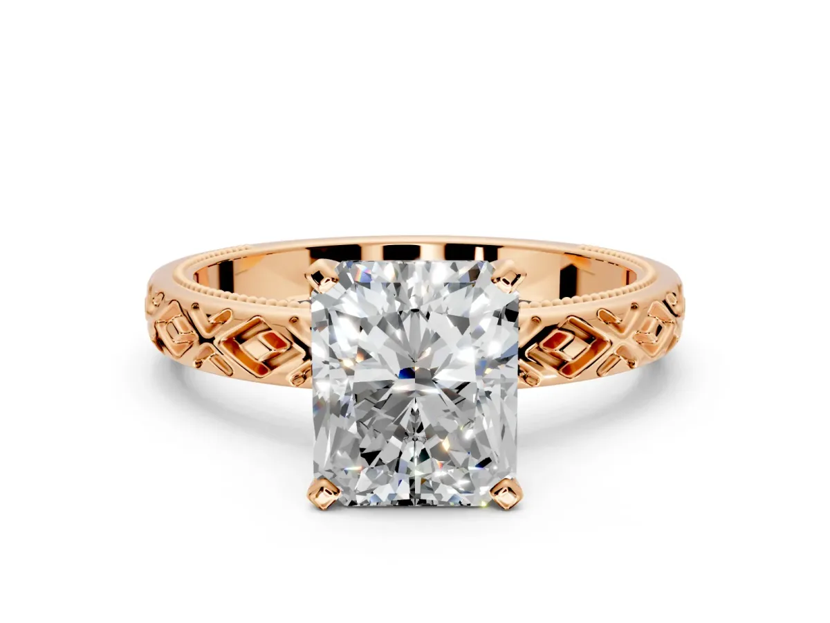 Solitaire Engagement Ring Setting for Radiant Cut Center with Milgrain X Pattern Band and Prong Head in Rose Gold