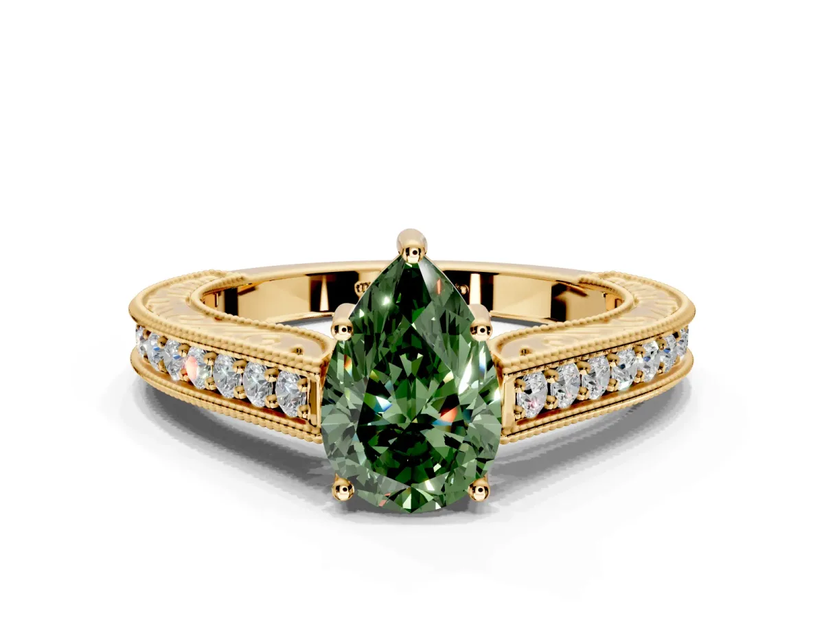 Solitaire Engagement Ring Setting for Fancy Green Pear-Shaped Center with Engraved Pave Band and Prong Head in Yellow Gold