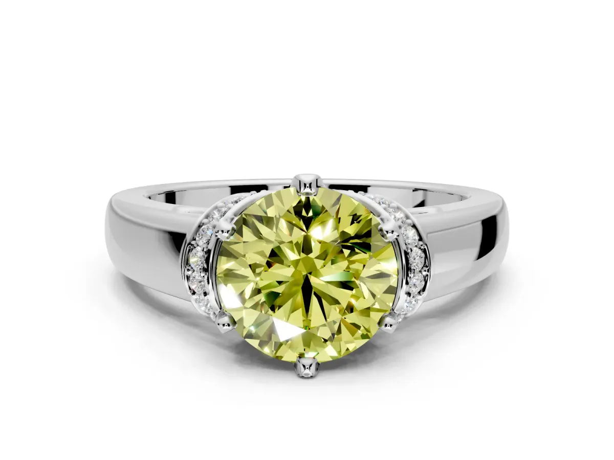 Solitaire Engagement Ring Setting for Fancy Yellow Round Cut Center with Wide Band, Pave Collar and Prong Head in White Gold
