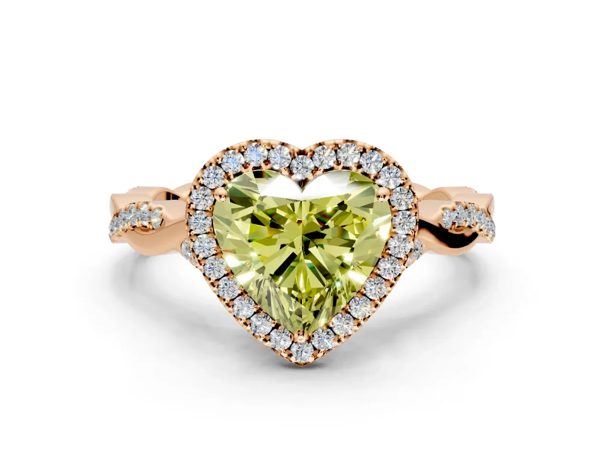 Halo Engagement Ring Setting for Fancy Yellow Heart-Shaped Center with Twist Band and Prong Head in Rose Gold