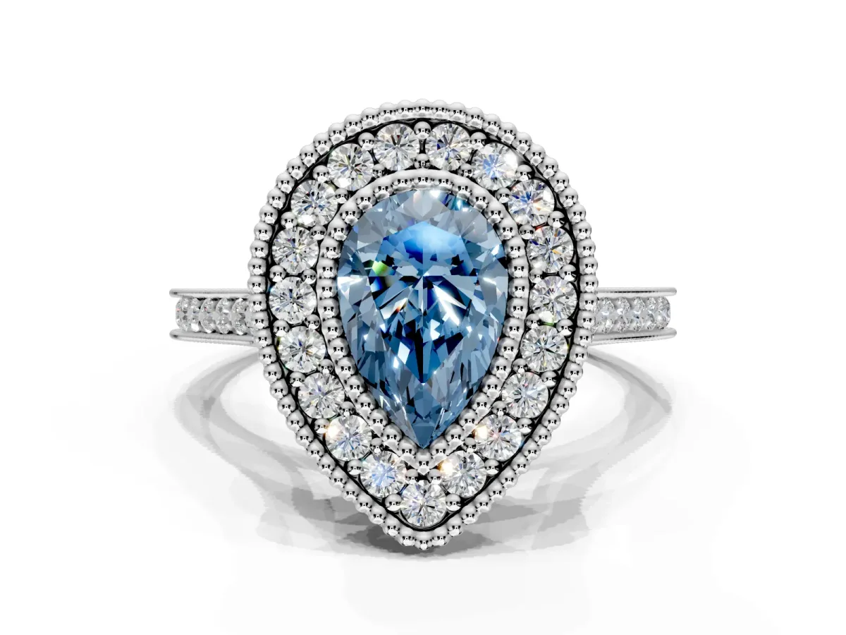 Halo Engagement Ring Setting for Fancy Blue Pear-Shaped Center with Milgrain Frame, Pave Band and Prong Head in Sterling Silver