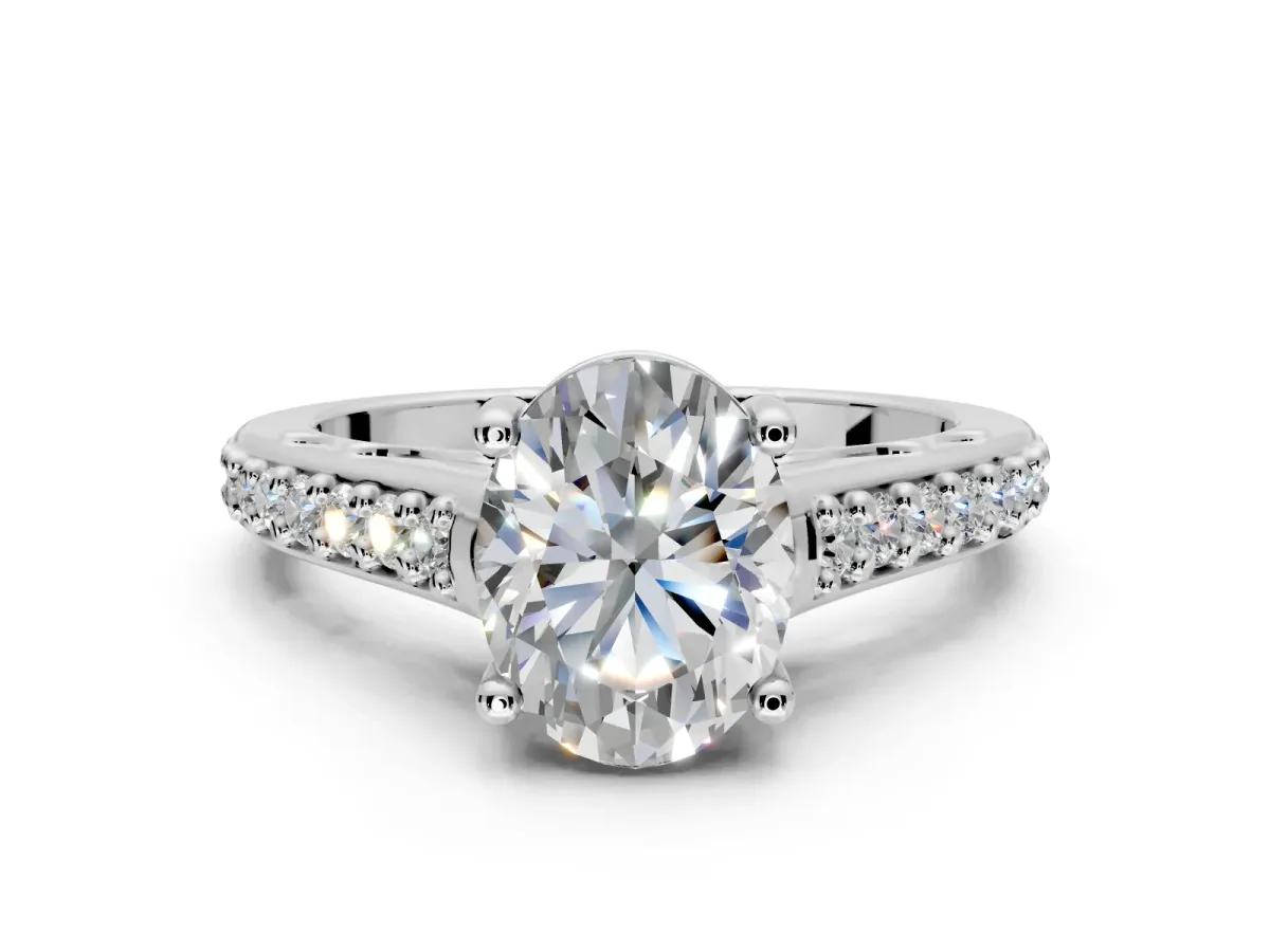 Solitaire Engagement Ring Setting for Oval Center with Pave Cathedral Band and Prong Head in Sterling Silver