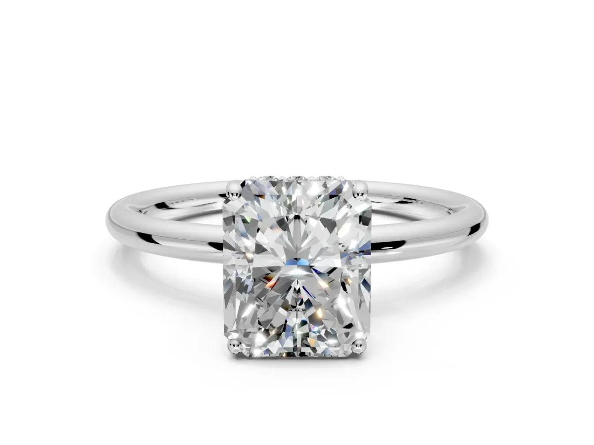 Solitaire Engagement Ring Setting for Radiant Cut Center with Plain Band, Open Basket and Prong Head in Platinum
