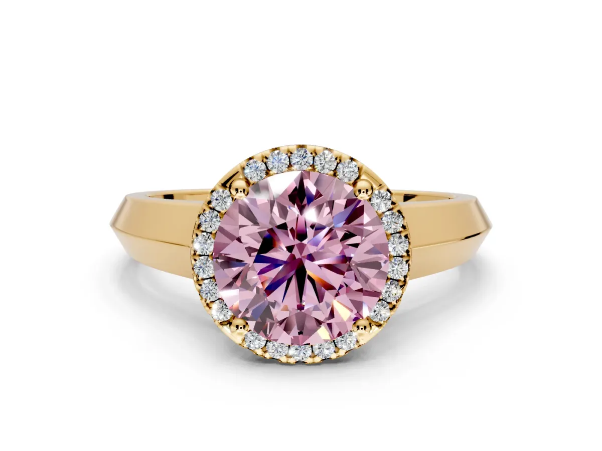Halo Engagement Ring Setting for Fancy Pink Round Cut Center with Knife Ridge Cathedral Band and Prong Head in Yellow Gold