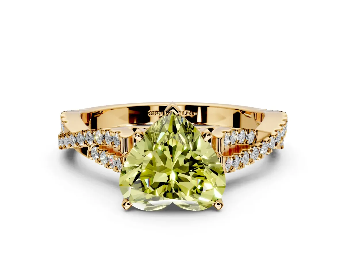 Solitaire Engagement Ring Setting for Fancy Yellow Heart-Shaped Center with Twisted Pave Split Shank and Prong Head in Yellow Gold