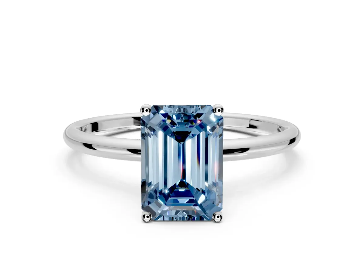 Solitaire Engagement Ring Setting for Fancy Blue Emerald Cut Center with Straight Thin Band and Prong Head in White Gold