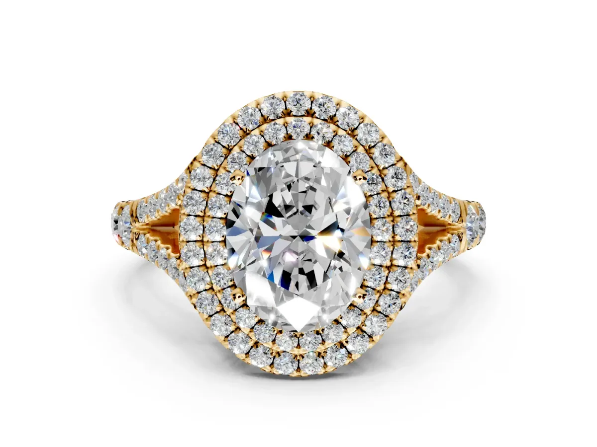 Double Halo Engagement Ring Setting for Oval Center with Narrow Pave Split Shank and Prong Head in Yellow Gold
