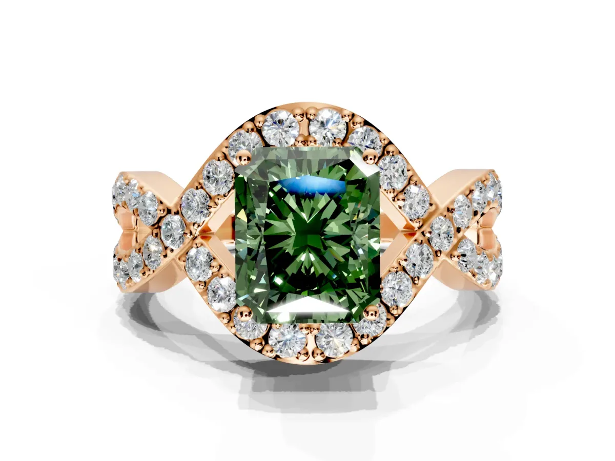 Halo Engagement Ring Setting for Fancy Green Radiant Cut Center with Pave Infinity Twist Band and Prong Head in Rose Gold