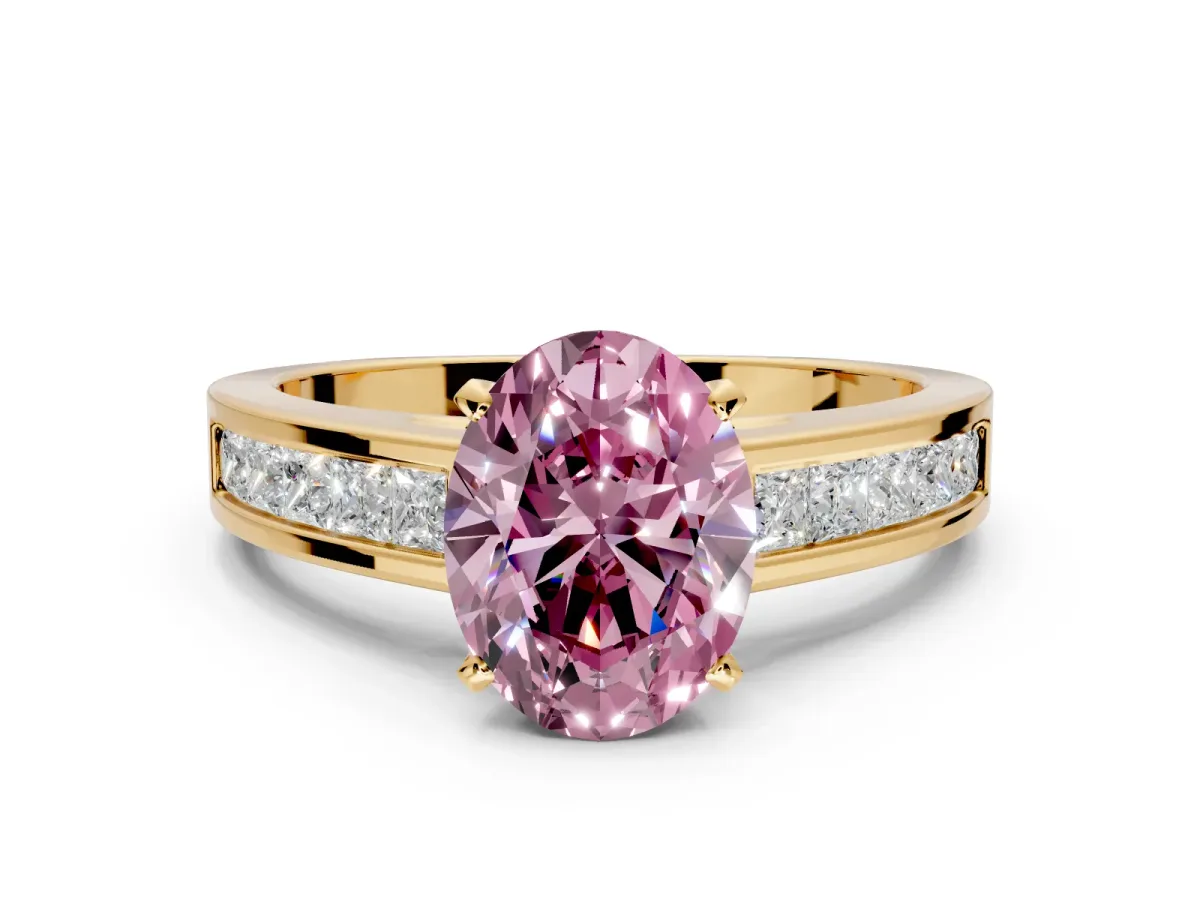 Solitaire Engagement Ring Setting for Fancy Pink Oval Center with Princess Cut Channel Band and Prong Head in Yellow Gold