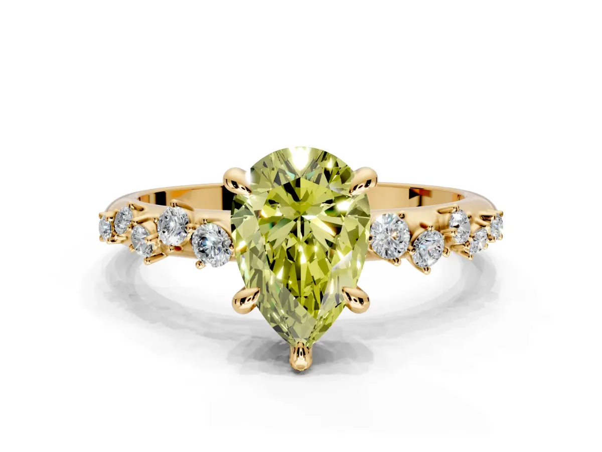 Solitaire Engagement Ring Setting for Fancy Yellow Pear-Shaped Center with Trailing Leaf Accent Band and Prong Head in Yellow Gold