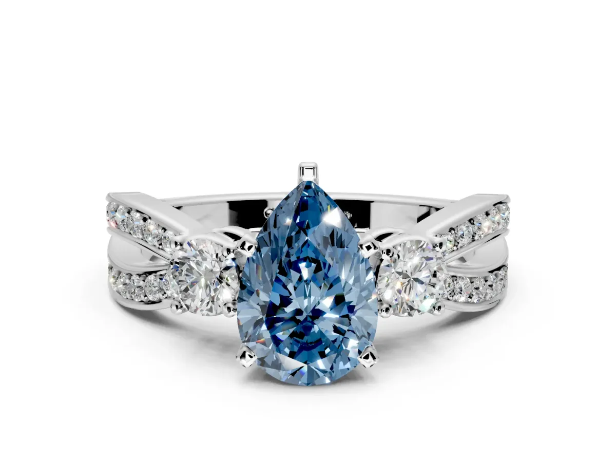 3 Stone Engagement Ring Setting for Fancy Blue Pear-Shaped Center with Pave Twist Band and Prong Head in Platinum