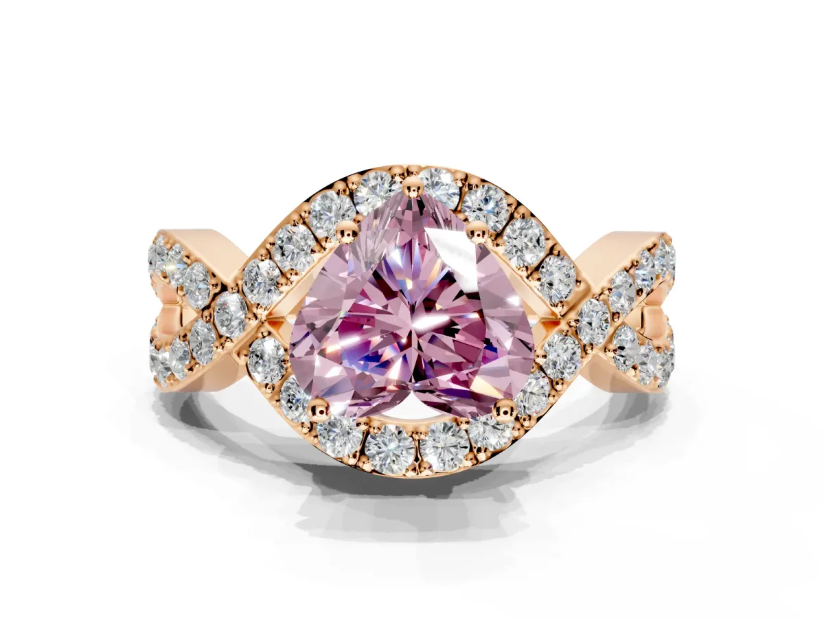 Halo Engagement Ring Setting for Fancy Pink Heart-Shaped Center with Pave Infinity Twist Band and Prong Head in Rose Gold