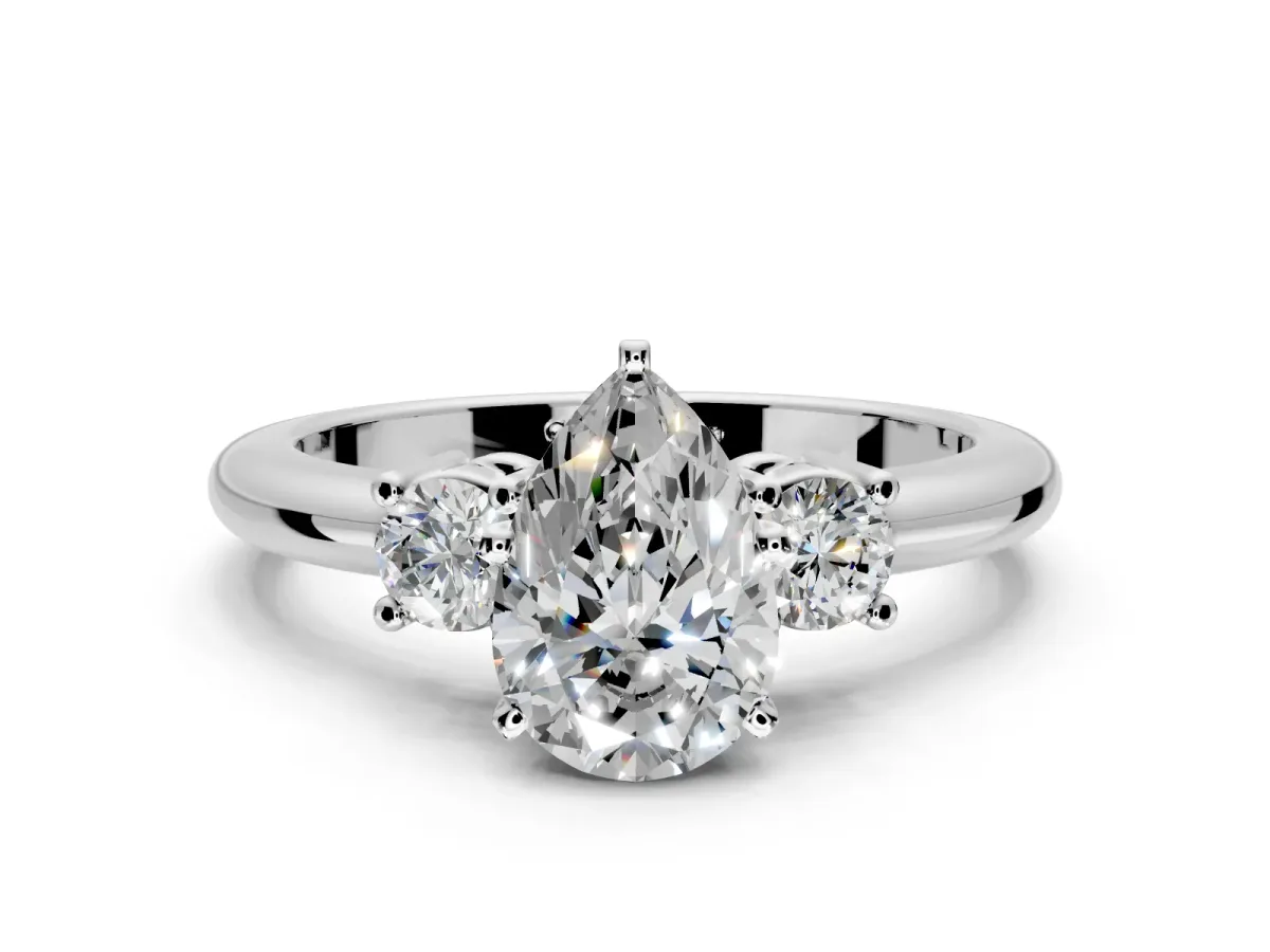 3 Stone Engagement Ring Setting for Pear-Shaped Center with Wide Plain Band and Prong Head in Platinum