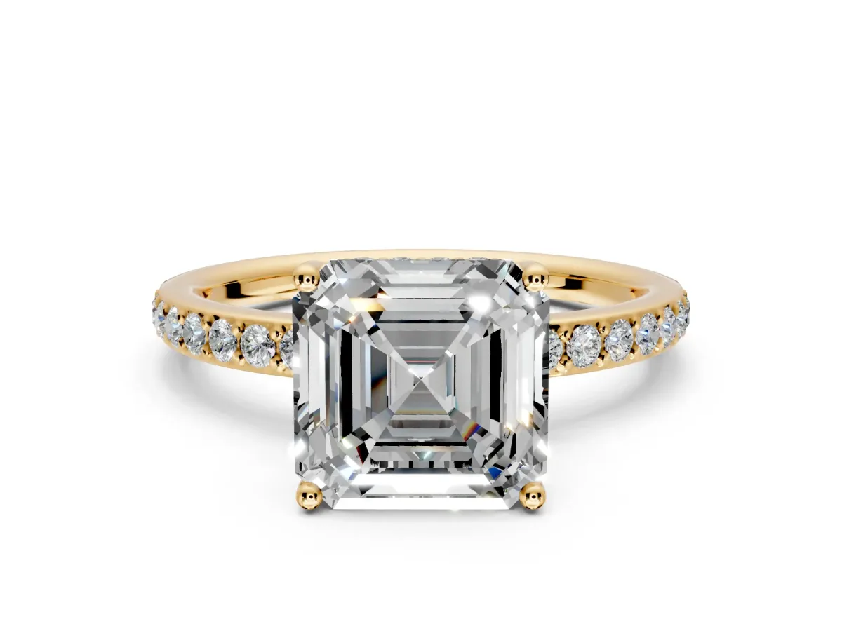 Solitaire Engagement Ring Setting for Asscher Cut Center with Fine Pave Band and Prong Head in Yellow Gold