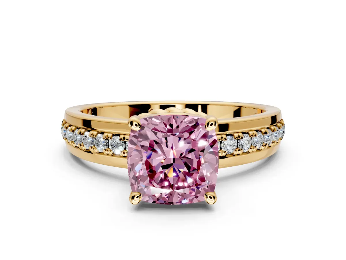 Solitaire Engagement Ring Setting for Fancy Pink Cushion Cut Center with Raised Channel Band and Prong Head in Yellow Gold