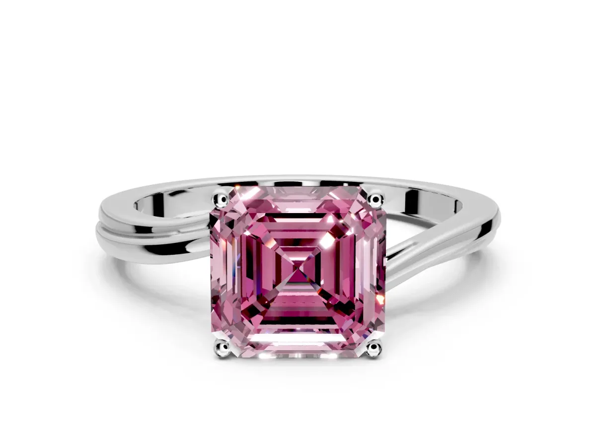 Solitaire Engagement Ring Setting for Fancy Pink Asscher Cut Center with Plain Bypass Twist Band and Prong Head in Sterling Silver