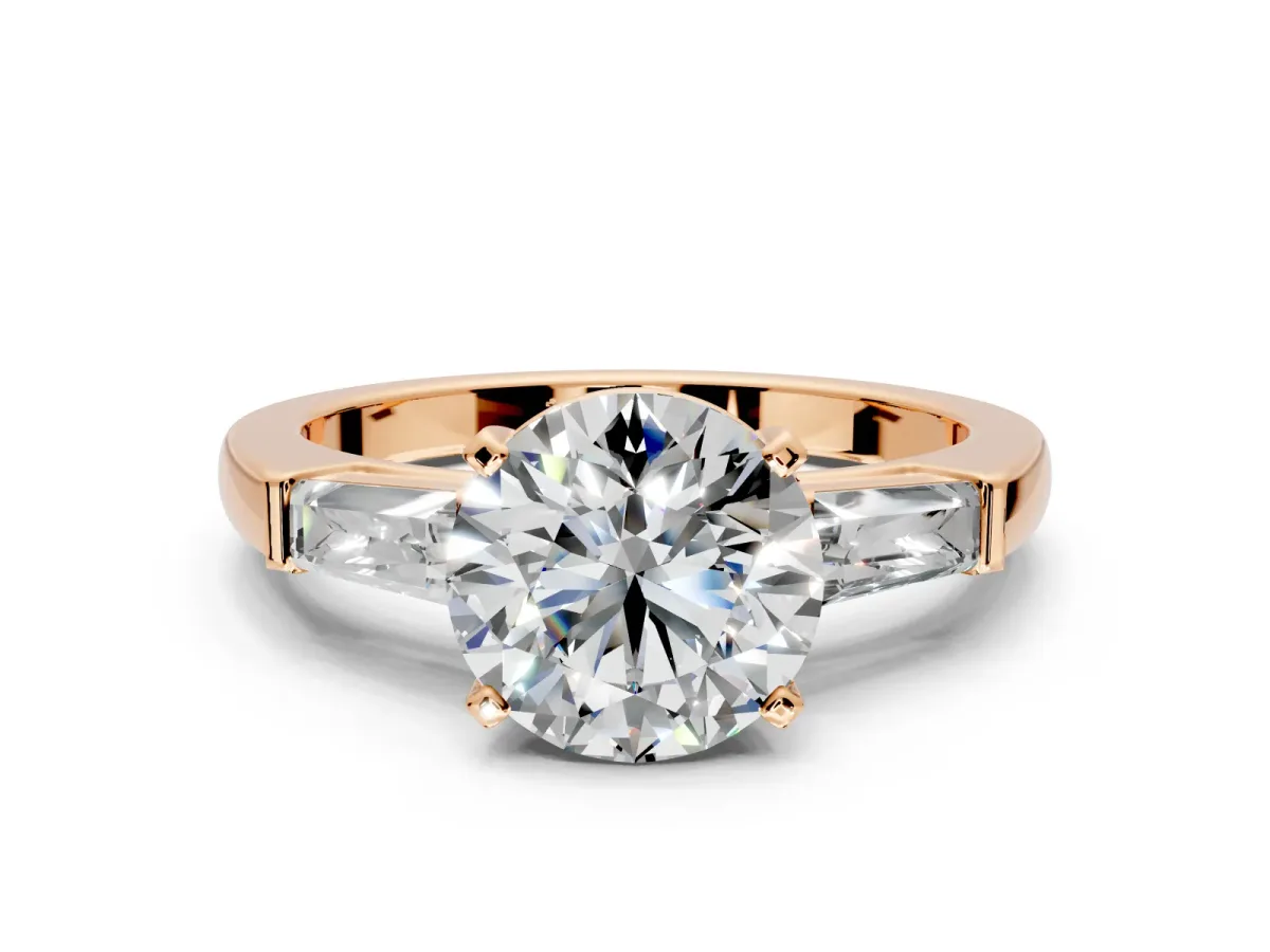 3 Stone Engagement Ring Setting for Round Cut Center with Tapered Baguettes, Plain Band and Prong Head in Rose Gold