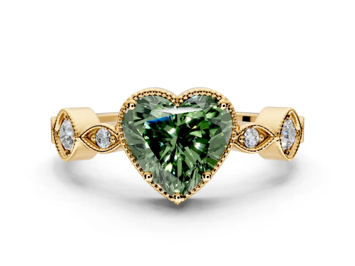 Vintage Station Engagement Ring Setting for Fancy Green Heart-Shaped Center with Accents and Prong Head in Yellow Gold