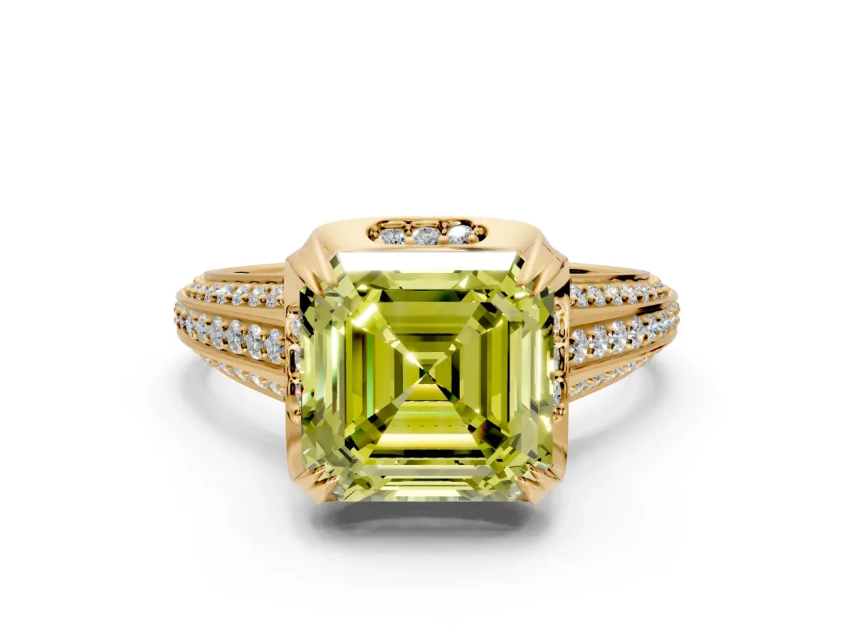 Solitaire Engagement Ring Setting for Fancy Yellow Asscher Cut Center with Accented Split Shank and Prong Head in Yellow Gold