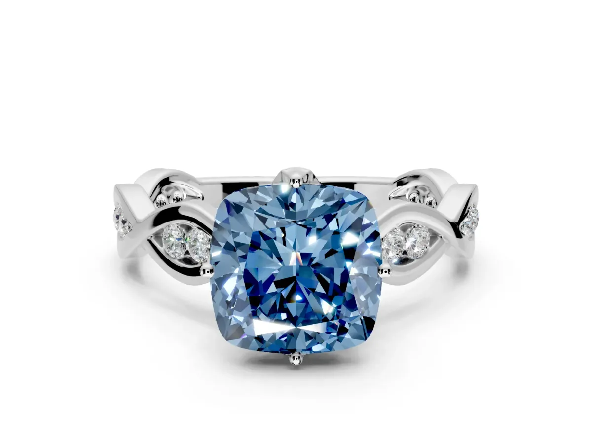 Solitaire Engagement Ring Setting for Fancy Blue Cushion Cut Center with Accented Twist Band and Leaf Prong Head in Sterling Silver