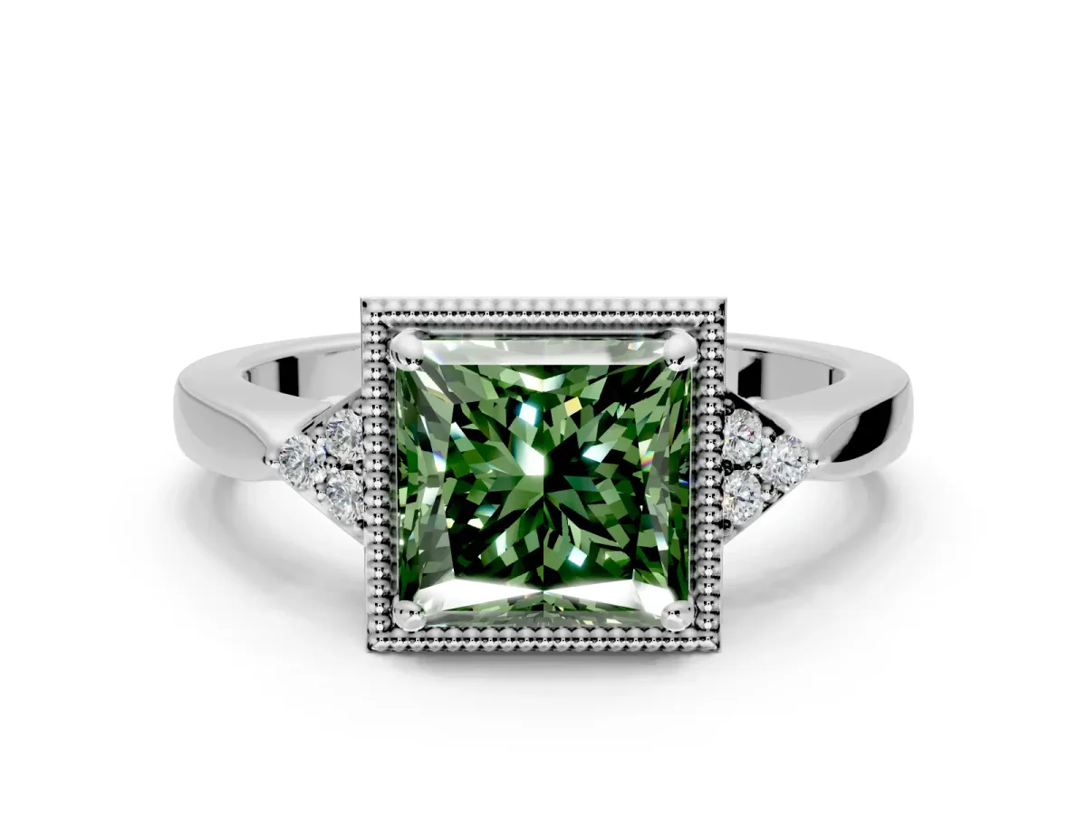 Cluster Engagement Ring Setting for Fancy Green Princess Cut Center with Milgrain Shoulder Clusters and Prong Head in Platinum