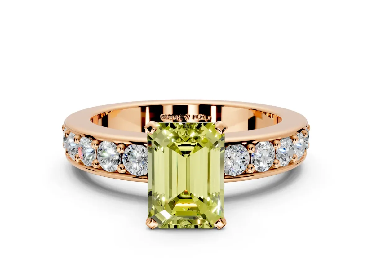 Solitaire Engagement Ring Setting for Fancy Yellow Emerald Cut Center with Channel-Set Accents and Prong Head in Rose Gold