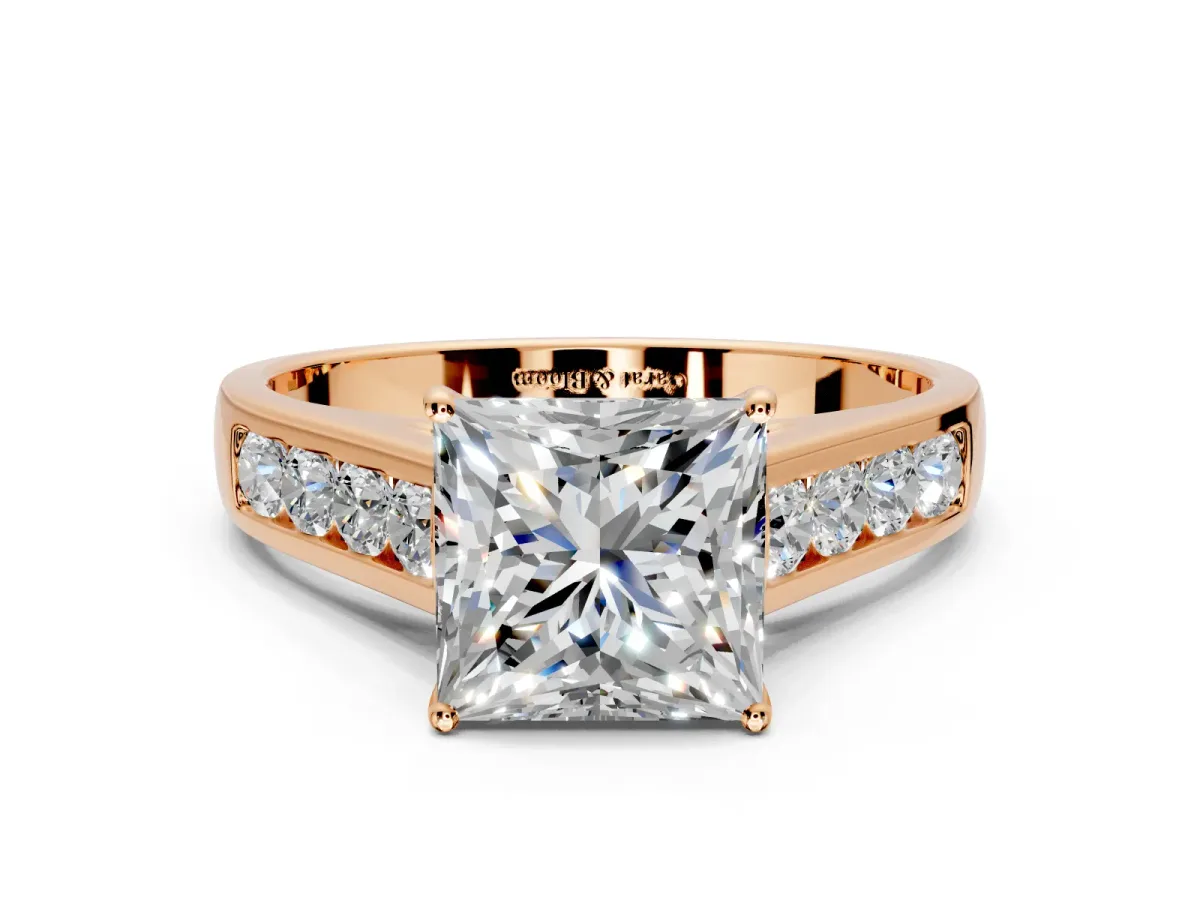 Solitaire Engagement Ring Setting for Princess Cut Center with Cathedral Channel Band and Prong Head in Rose Gold