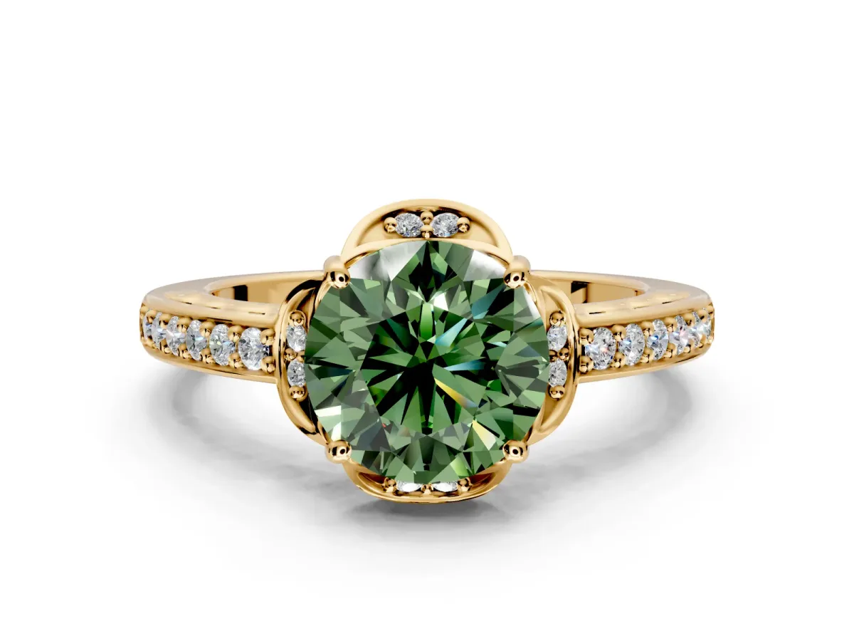 Floral Engagement Ring Setting for Fancy Green Round Cut Center with Four Accent Clusters and Prong Head in Yellow Gold