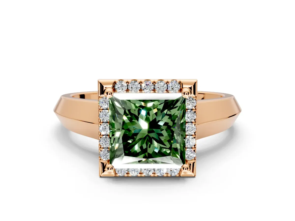 Halo Engagement Ring Setting for Fancy Green Princess Cut Center with Knife Ridge Cathedral Band and Prong Head in Rose Gold