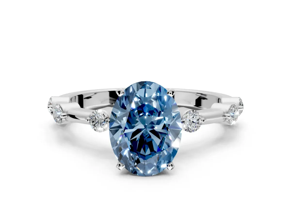 Solitaire Engagement Ring Setting for Fancy Blue Oval Center with Bezel Station Band and Prong Head in Sterling Silver