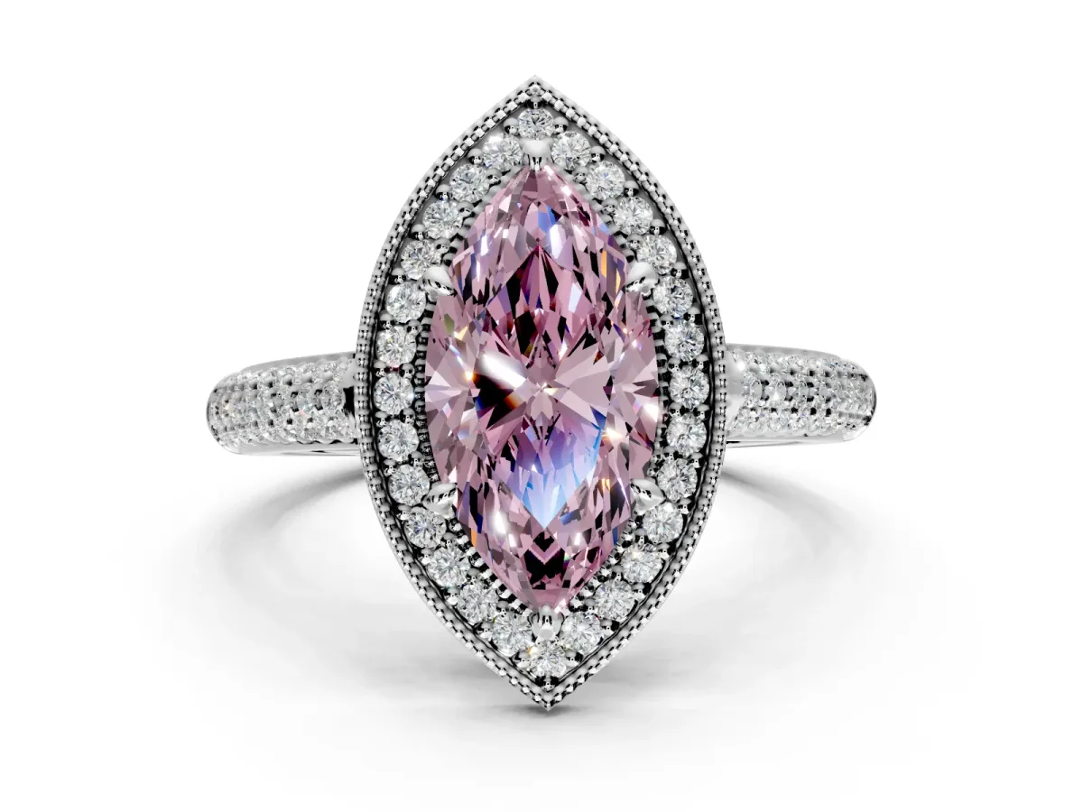 Milgrain Halo Engagement Ring Setting for Fancy Pink Marquise Center with Three-Sided Pave Band and Prong Head in White Gold