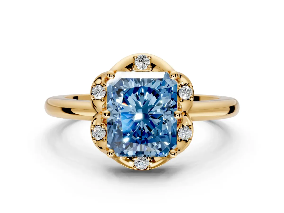 Floral Frame Engagement Ring Setting for Fancy Blue Radiant Cut Center with Accent Clusters and Prong Head in Yellow Gold