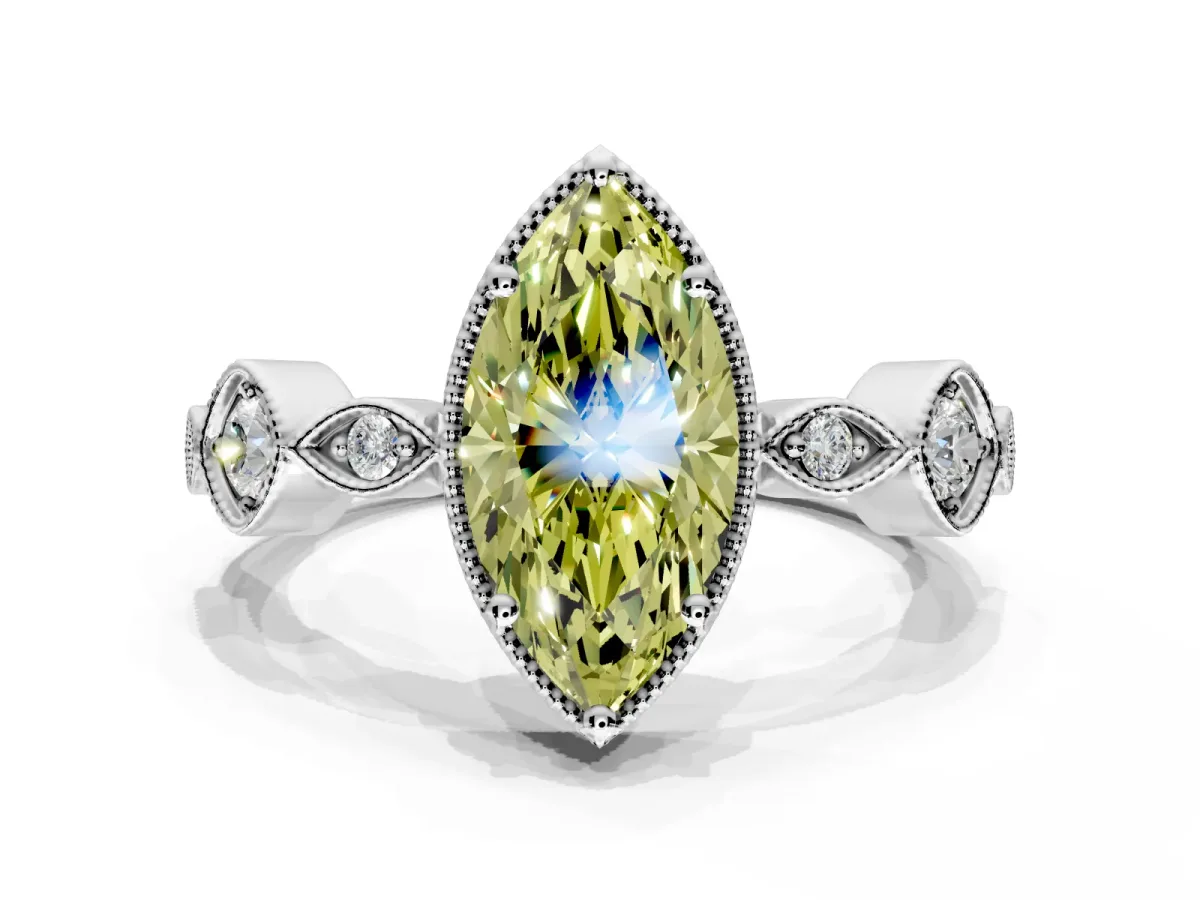 Vintage Station Engagement Ring Setting for Fancy Yellow Marquise Center with Accents and Prong Head in White Gold