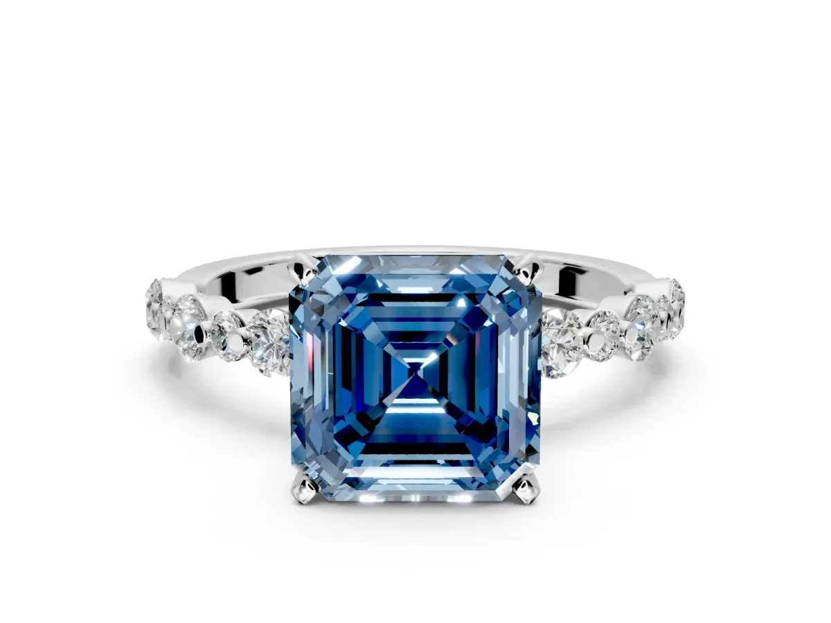 Solitaire Engagement Ring Setting for Fancy Blue Asscher Cut Center with Alternating Size Accents and Prong Head in Platinum