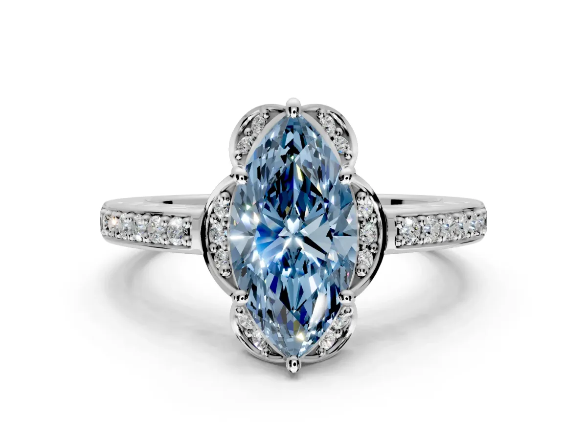Floral Engagement Ring Setting for Fancy Blue Marquise Center with Four Accent Clusters and Prong Head in Platinum