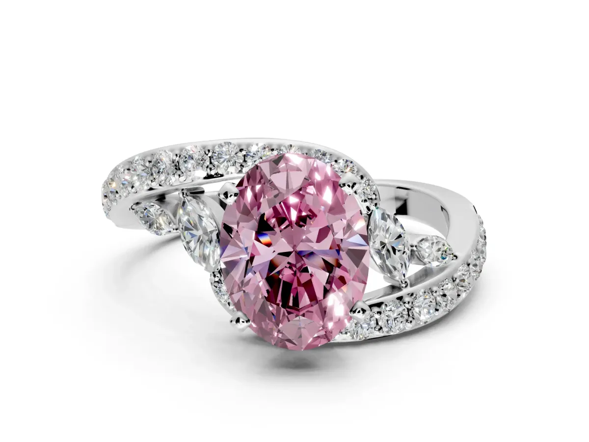 Solitaire Engagement Ring Setting for Fancy Pink Oval Center with Pave Bypass Twist Band and Prong Head in Platinum