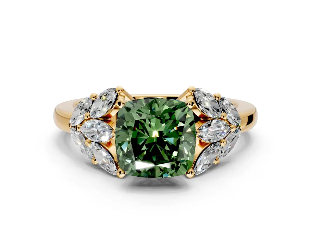 Leaf Cluster Engagement Ring Setting for Fancy Green Cushion Cut Center with Marquise Accents and Prong Head in Yellow Gold