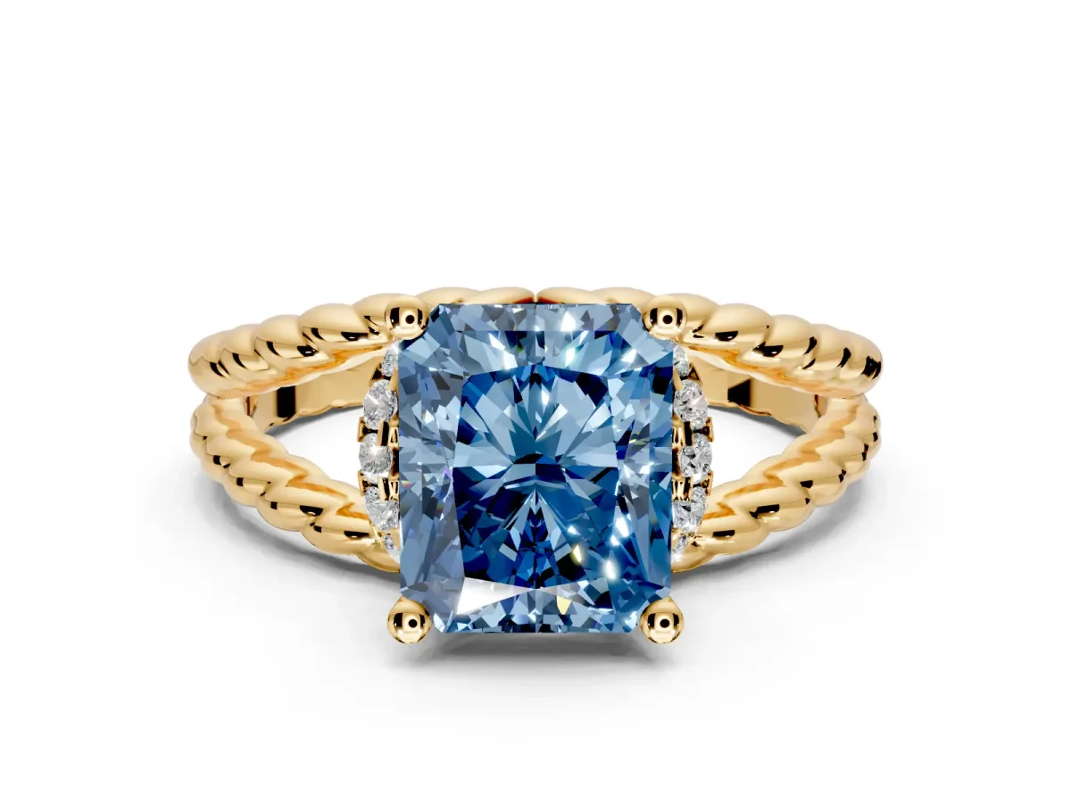 Halo Engagement Ring Setting for Fancy Blue Radiant Cut Center with Rope Twist Split Shank and Prong Head in Yellow Gold