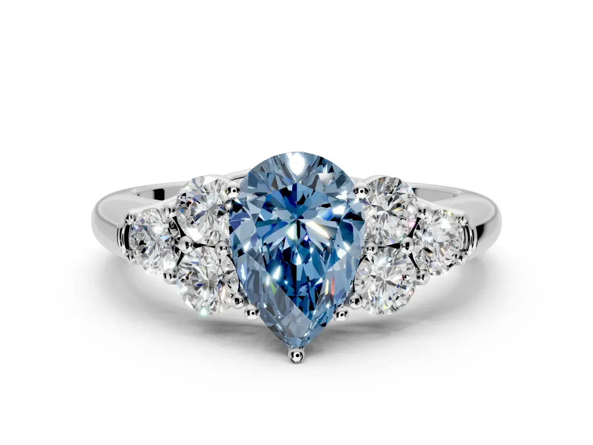 Cluster Engagement Ring Setting for Fancy Blue Pear-Shaped Center with Round Cut Accent Frame and Prong Head in Sterling Silver