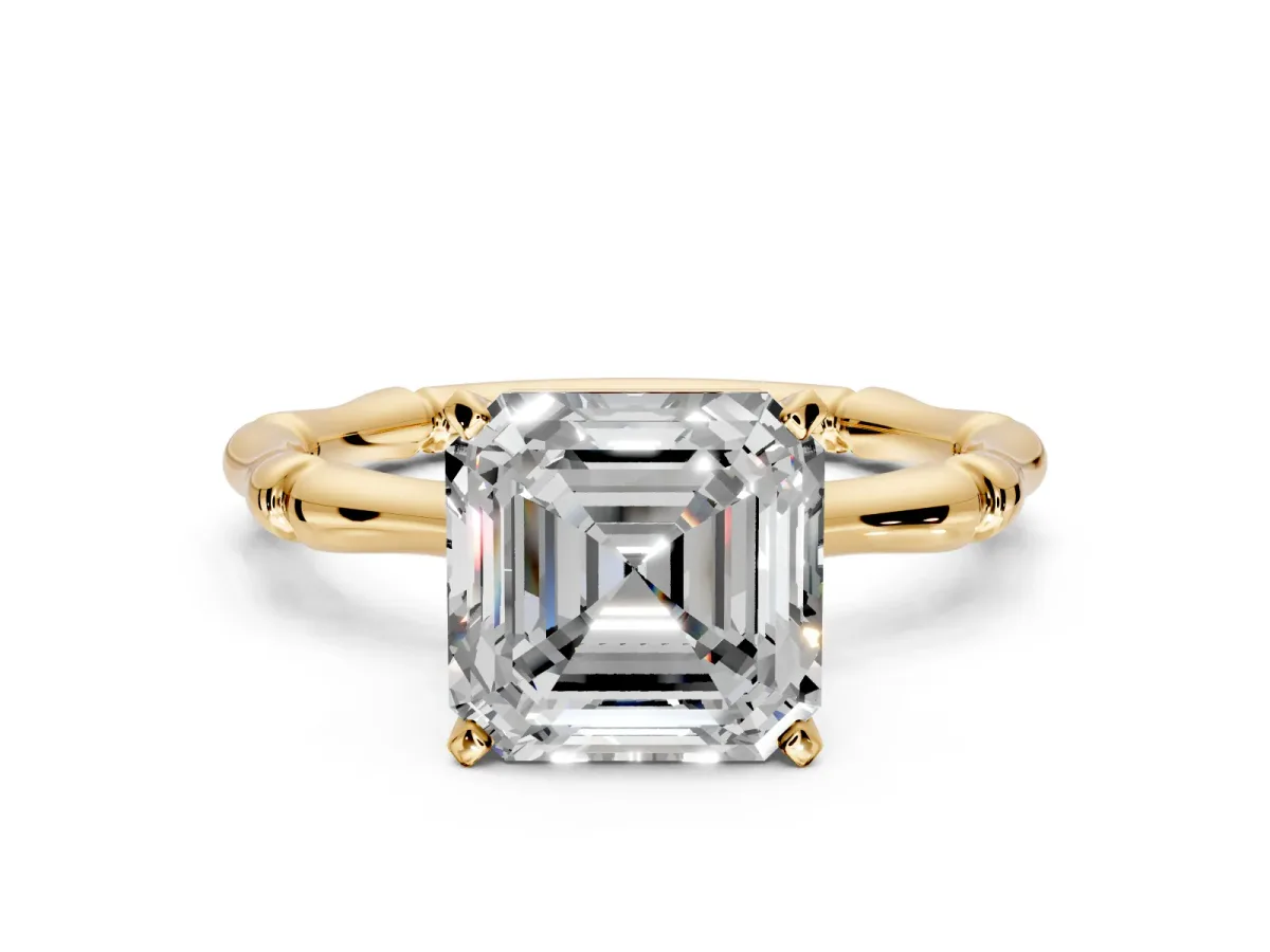 Solitaire Engagement Ring Setting for Asscher Cut Center with Bamboo Band and Prong Head in Yellow Gold