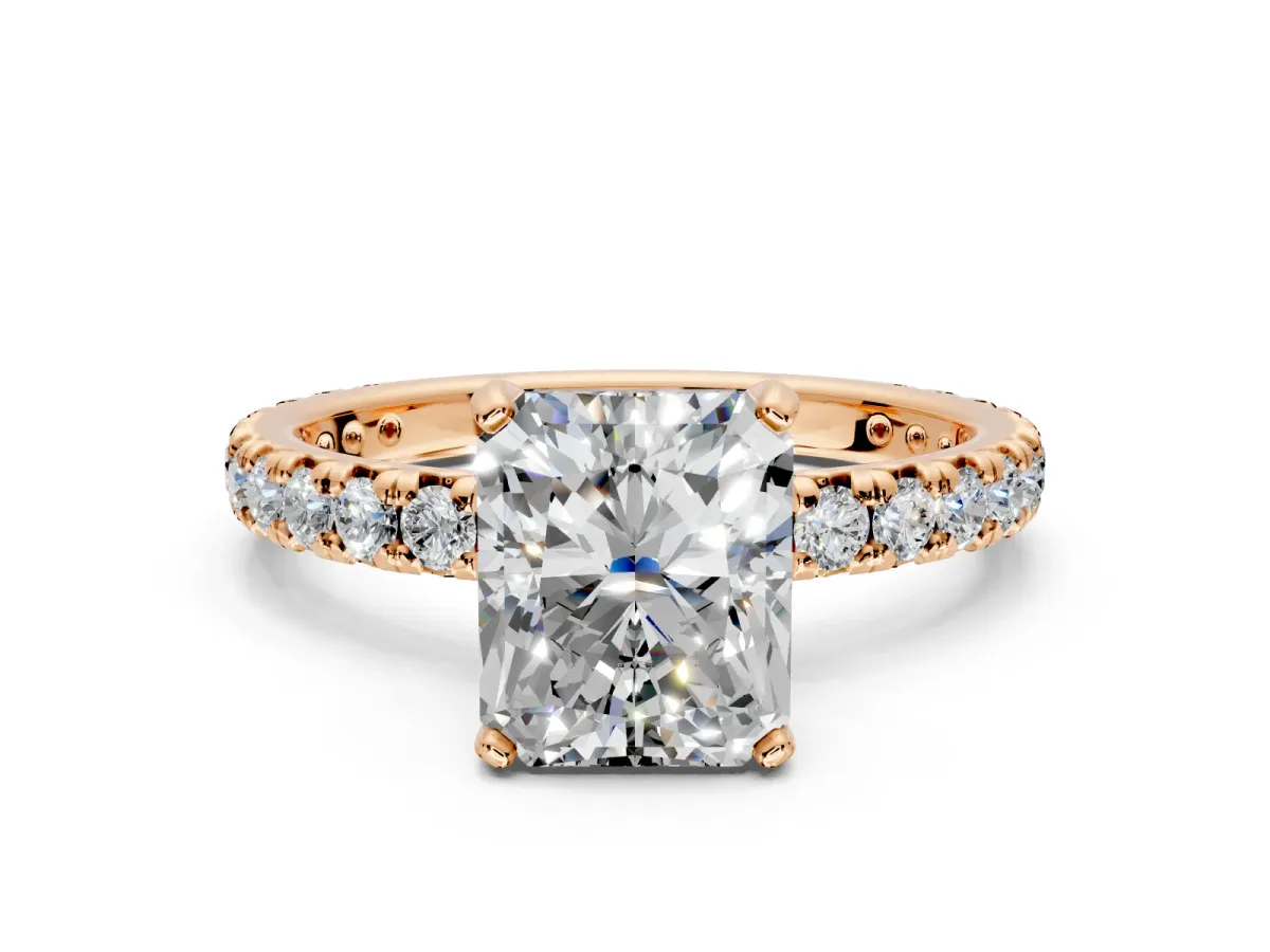 Solitaire Engagement Ring Setting for Radiant Cut Center with Shared-Prong Accents and Prong Head in Rose Gold