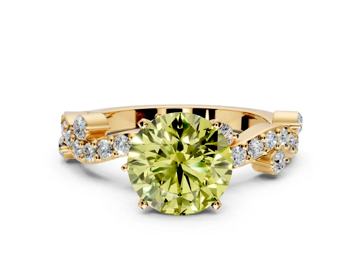Solitaire Engagement Ring Setting for Fancy Yellow Round Cut Center with Bar-Station Pave Twist and Prong Head in Yellow Gold
